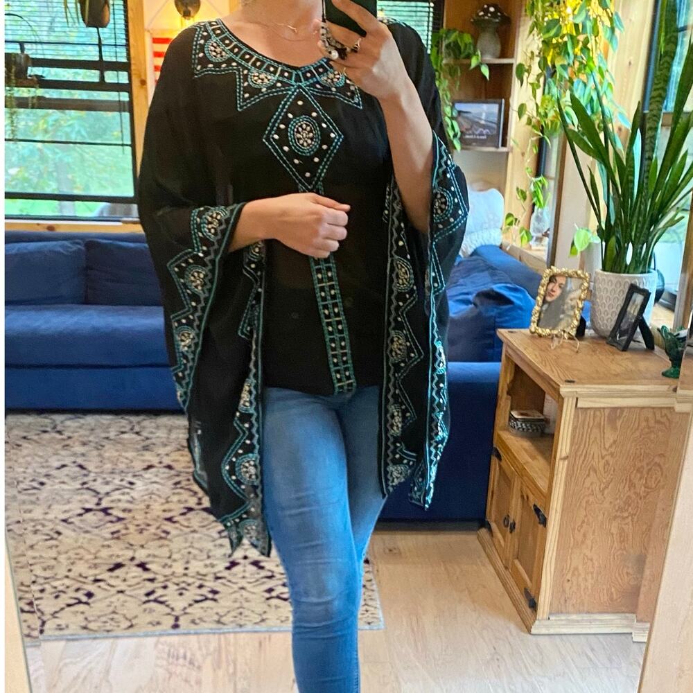 Monoreno black and blue embroidered boho sheer blouse